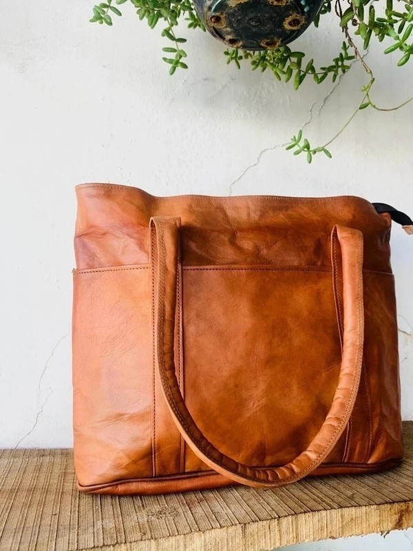 14" Women's Genuine Reliable Goat Leather Tote Shopping Handmade Bag gallery