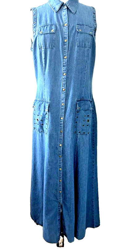 Y2K Denim Maxi (54″) Jumper Dress sz 16 Snap Front Boho Hippie Nikki Salenti