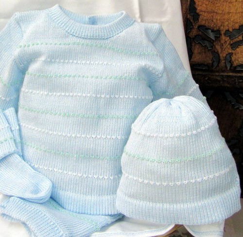 NWT Will'beth Blue Knit Mint Stripe 4pc Set Newborn Baby Boys Hat Booties 0 gallery