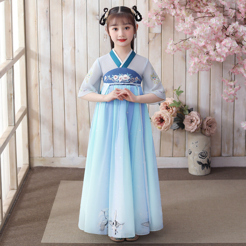 Kid Hanfu Maxi Dress Girl Floral Embroidered Chinese Ancient Traditional Apparel