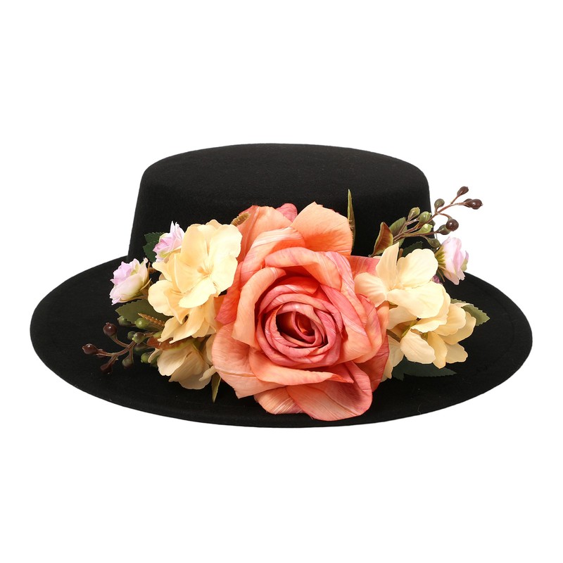 Womens Wide Brim Tea Party Hats Beach Sun Hat Flower Decor Flat-Topped Hat gallery