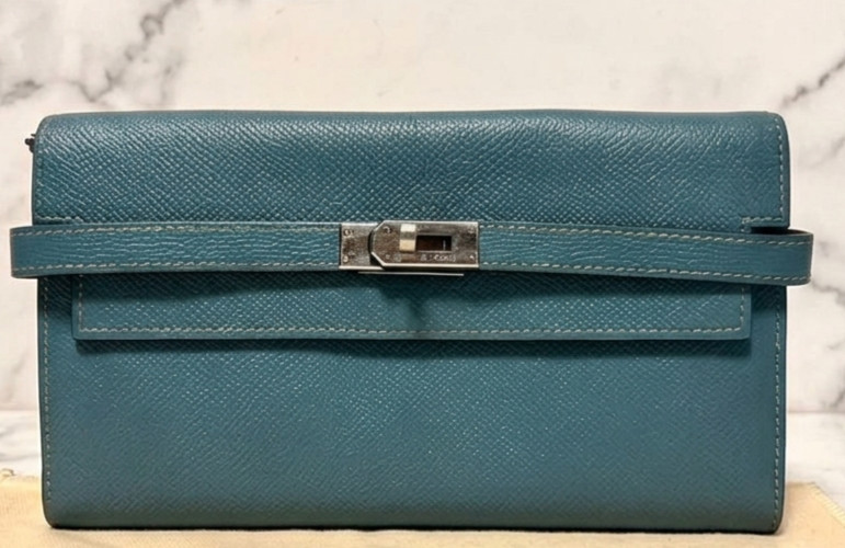 HERMES Paris Kelly Long Wallet Blue Silver Veau Epsom Leather Japan Authentic
