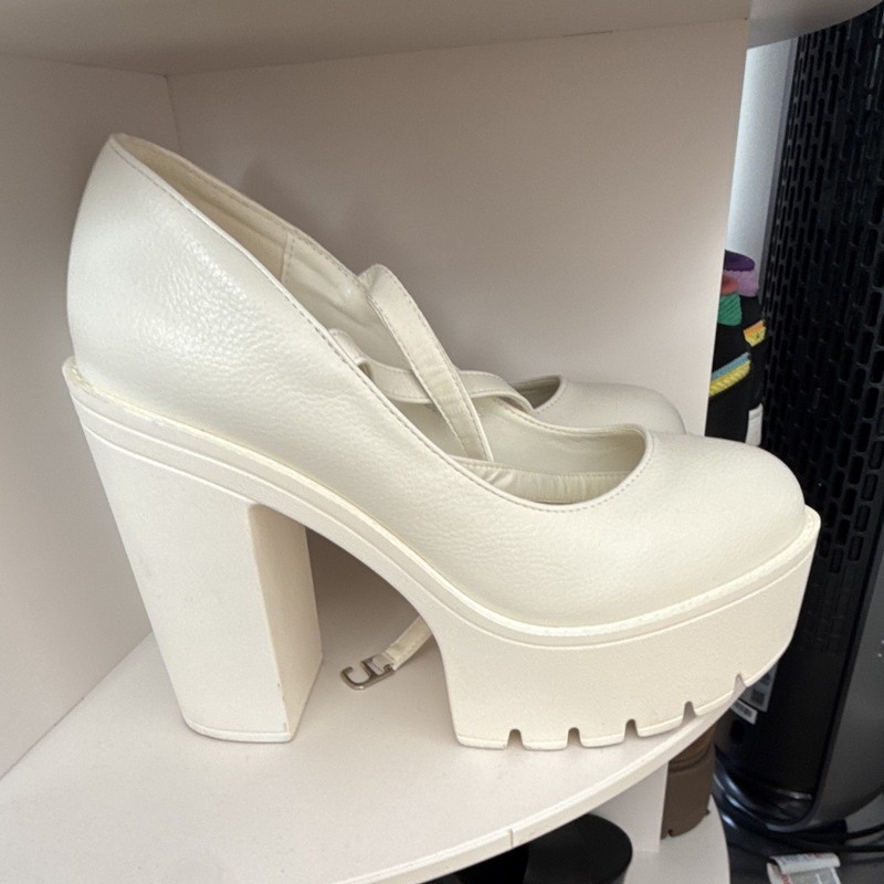 White Platform Mary Jane Block Heels Ankle Strap Buckle Round Toe 9 M