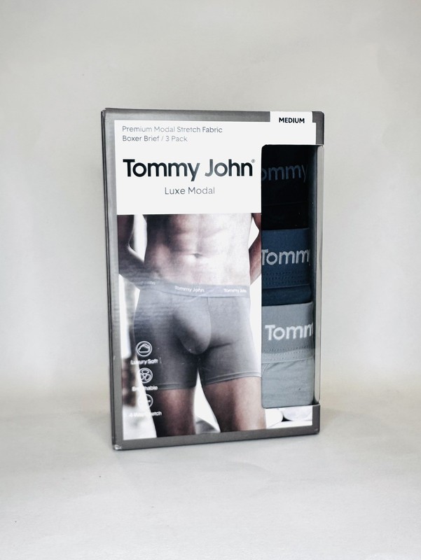 New Tommy John Men’s 3-Pack Luxe Modal Boxer Briefs, Medium Black/ Turbulence/Mo