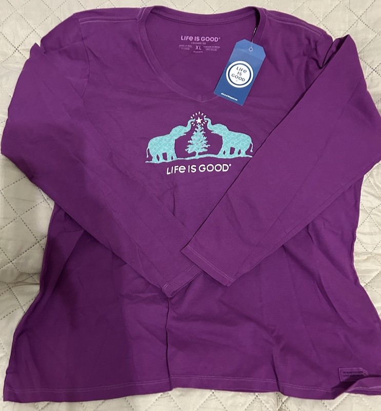 Life Is good Long Sleeve Women’s X-Large Shirt Purple Elephant, Tree, New