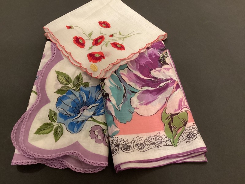 Lot 3 Summer Floral POPPY Women Cotton Handkerchiefs NOS Swiss Purple Red gallery