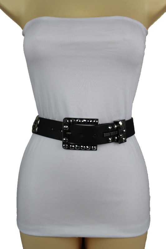 Women Faux Leather Band Belt Hip Pewter Metal Gold Silver Studs Beads Buckle M gallery