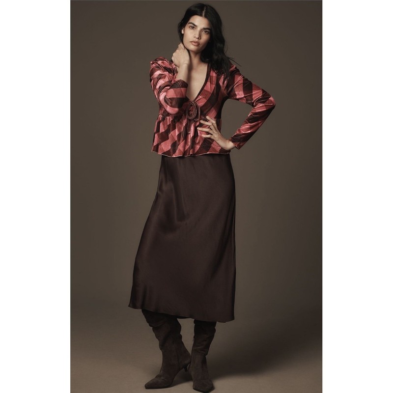 Maeve Anthropologie Velvet Plaid Peplum Top XS S Puff Long Sleeve Fall Burgundy gallery