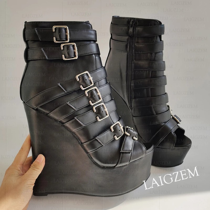 Women Ankle Boots Platform Wedges Side Zip Up Booties Buckle Straps Shoes Woman gallery