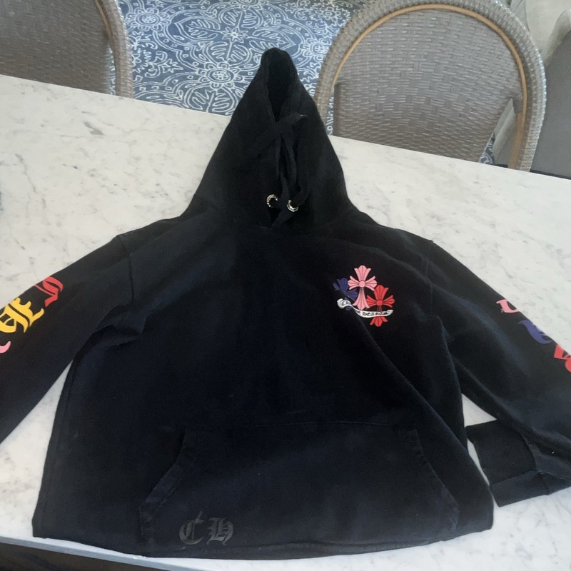 Chrome Hearts Black Pullover Hoodie Size S Multicolor Cross Logo Graphic Pockets