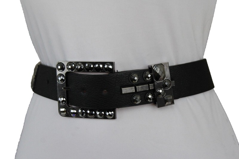 Women Faux Leather Band Belt Hip Pewter Metal Gold Silver Studs Beads Buckle M gallery