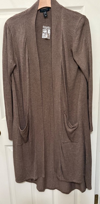 H by Halston Long Cardigan Sweater Open Duster PM PETITE M Taupe w/Pockets NEW! gallery
