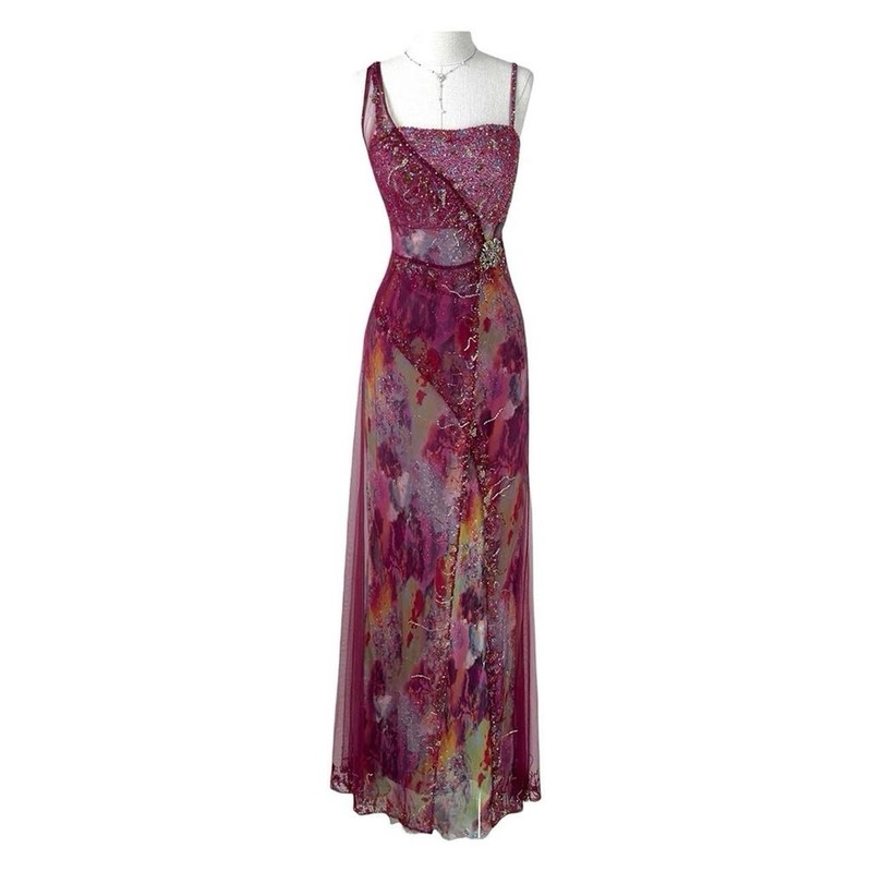 Vintage Y2K Beaded Mesh Watercolor Print Maxi Evening Formal Dress Pink Glam L