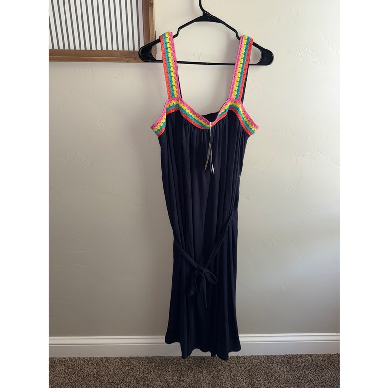 Boden Navy Blue Crochet Trim Maxi Dress Rainbow Straps Jersey US 10 NEW gallery