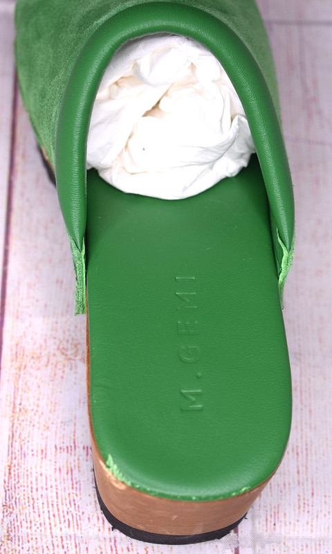 M. Gemi Wooden Wedge The Greta Sandal Clog Green Suede Size 39.5 gallery