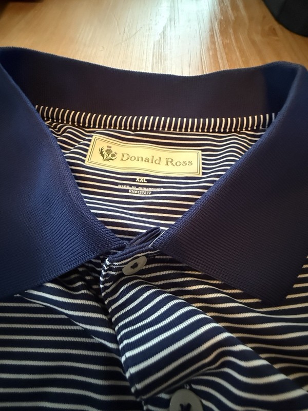 Donald Ross Short Sleeve Blue Striped XXL Polo Garden City Country Club Logo ￼ gallery