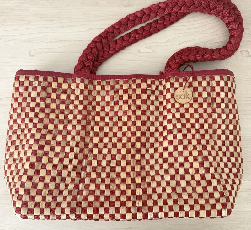 The Sak Woven Straw Tote Bag Red/Tan Shoulder Bag Braided Red Handles