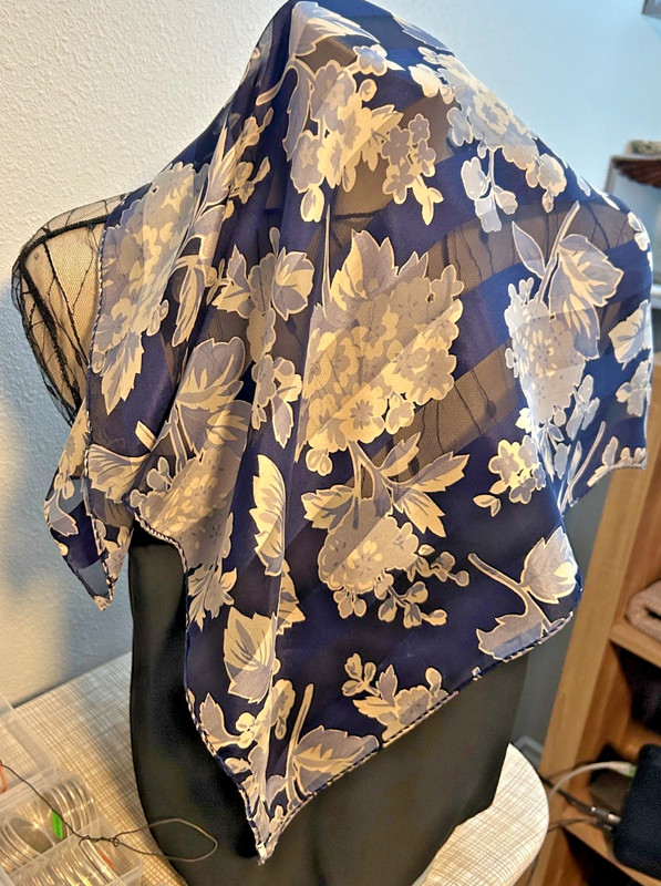 Vintage 20 x 19 In. Blue and White Sheer Silk Floral Print Scarf -VS-108 gallery