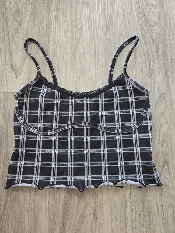 Black/White Plaid Sweetheart Lace Neckline Cropped Cami Top M