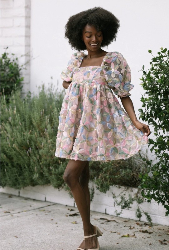 Storia Stacy Sequins Floral Sz S Babydoll Dress Puff Sleeve Colorful Wedding