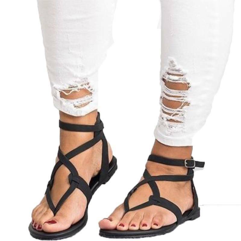 Womens Flat Sandals Summer Ankle Strap Flip Flop Gladiator Shoes Size 6-10.5