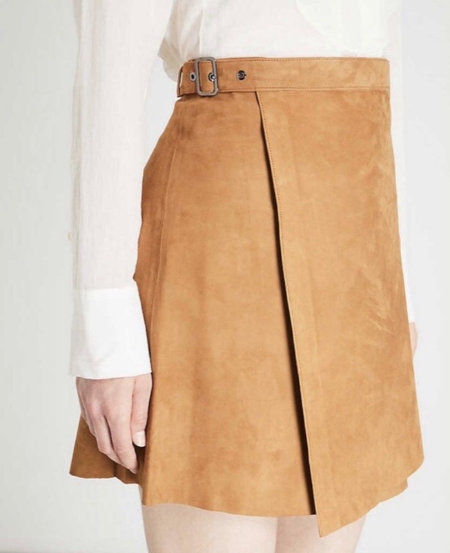 Theory Double Face Suede Buckle Wrap Skirt 0 Khaki Brown 100% Lamb Leather $995