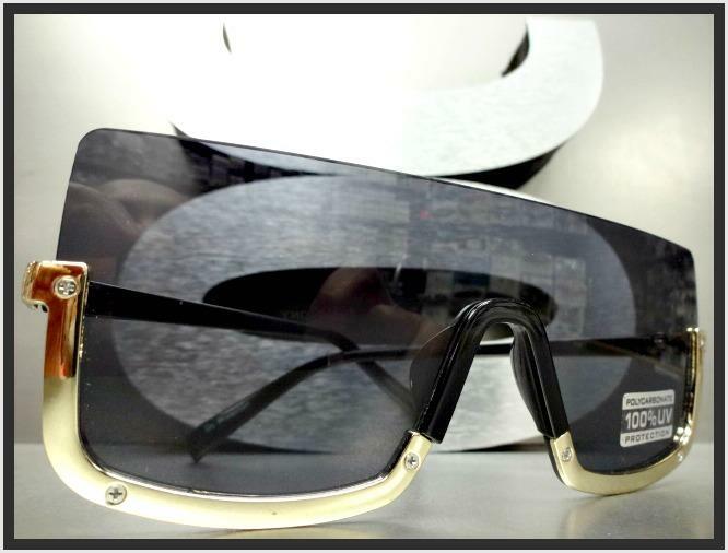 Classy Elegant Contemporary MODERN SHIELD Style SUN GLASSES Gold & Black Frame gallery