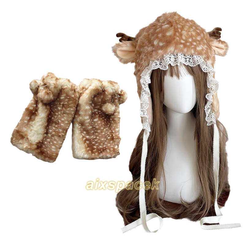 Kawaii Lolita Reindeer Deer Faux Fur Warm Plush Hat Furry Boots Socks Christmas