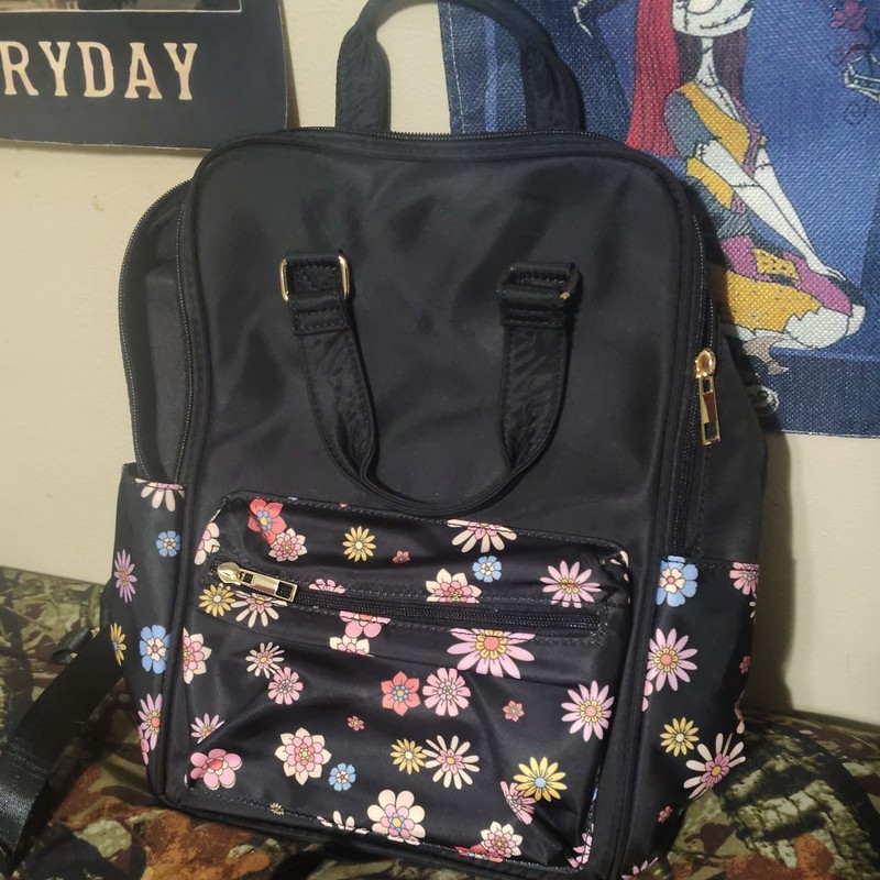 Lily Bloom Women’s Black Floral Backpack, Zip Closure, Gold Hardware