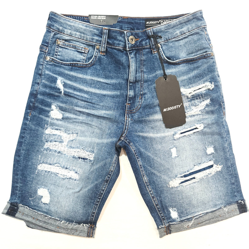 M Society Men’s Med Blue Shorts Ripped Distressed Slim Denim MS-26514