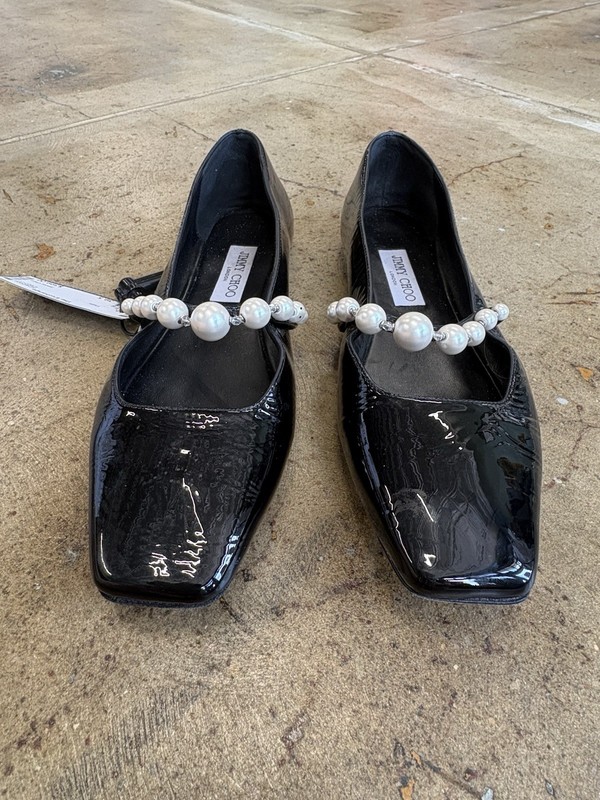 Jimmy Choo Black Patent Leather Pearl Strap Flats Mary Jane Shoes Women’s gallery