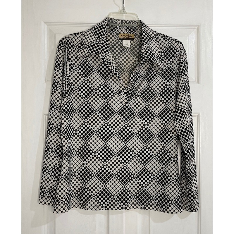 CDW Creative Design Works Black White Silver Sparkle Polka Dot Print Top Large