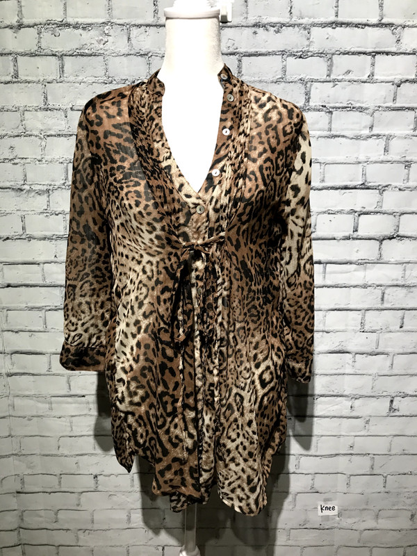 Seductions, Women S/P, Brown Leopard Cheetah Sheer Chiffon See-Through Blouse