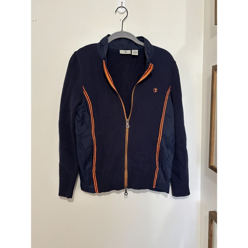 Duck Head 100% Cotton Navy Orange Zip Up Knit Jacket Orange Trim Size M Retro gallery