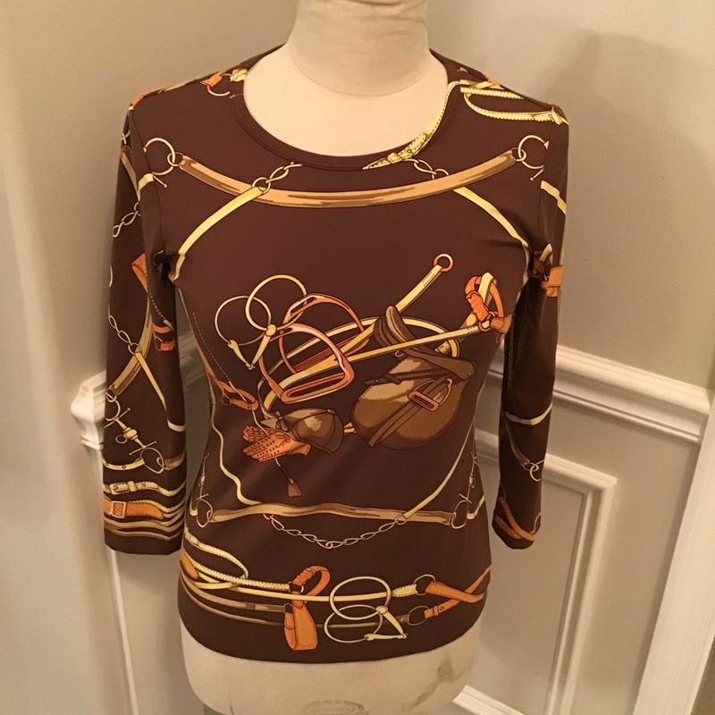 J. McLaughlin Top Catalina Cloth SZ XS Brown Equestrian Print women’s 3/4 Sleeve