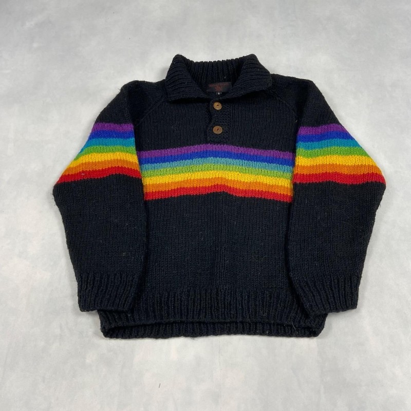 Vintage Knitted Jumper Striped Patterned Grandad 1/4 Button Chunky Knit Sweater