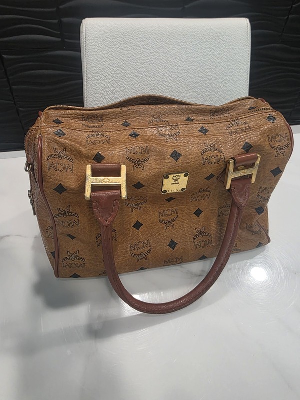 MCM Boston Bag in Cognac Visetos monogram canvas with brown leather