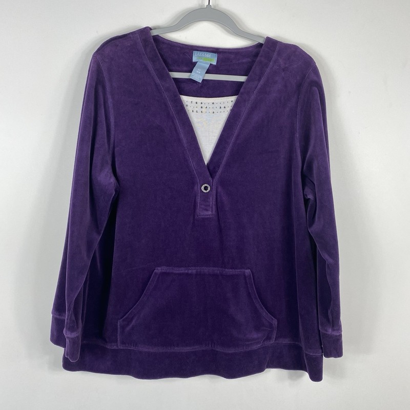 Liz & Me Sport Top 0X 16 Purple Velour Pullover With Pockets Cotton Blend