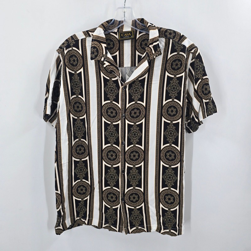Casa Moda Couture Mens Medium Baroque Greek Key Print Rayon Button Down Shirt