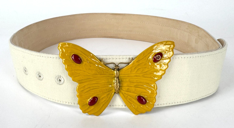Gucci Auth Ivory Leather Fabric Belt 80 cm 32 in Yellow Butterfly Buckle Bag