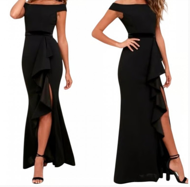 Lulu’s Black Ruffled off-Shoulder Mermaid Maxi Dress M 8 ball gown formal prom gallery