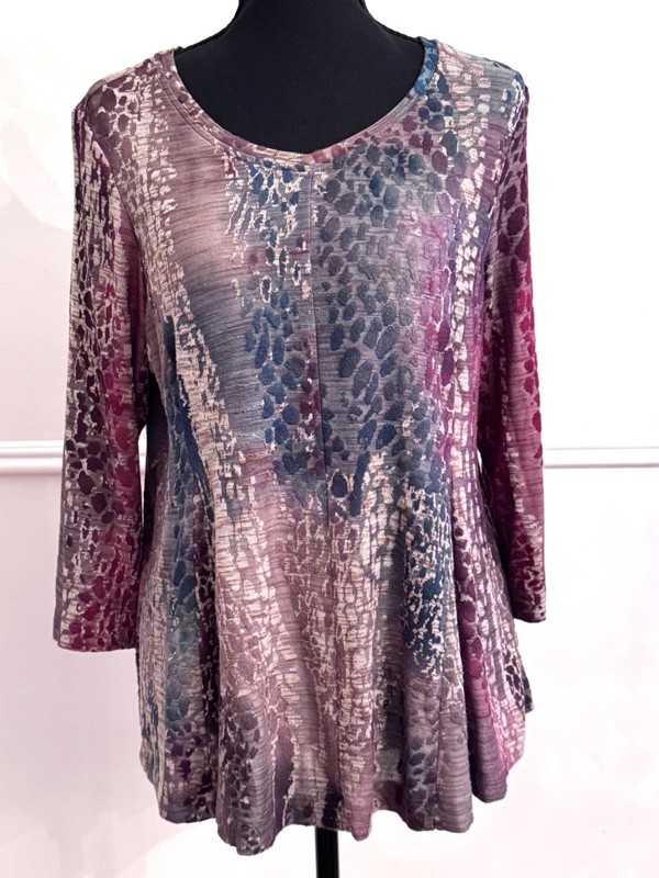 Ali Miles Petite PM Purple Teal Burnout Velvet Abstract Tunic 3/4 Sleeve Swing