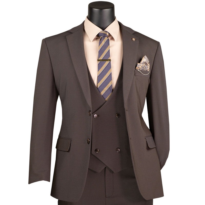 VINCI Men’s Brown 3pc Super Stretch Modern Suit w/ Flex Waist – Washable – NEW