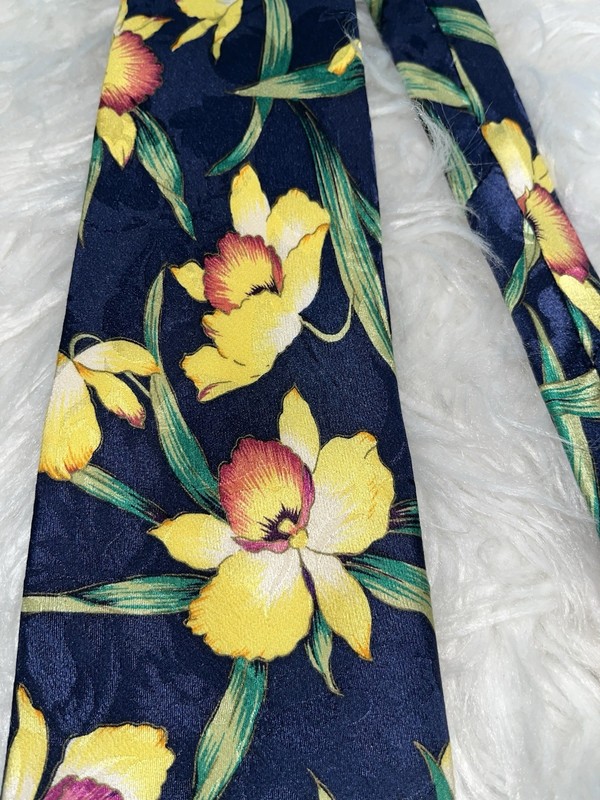 New Ideas Men's Tie Necktie Navy Blue Yellow Green Floral Flower Pointed gallery