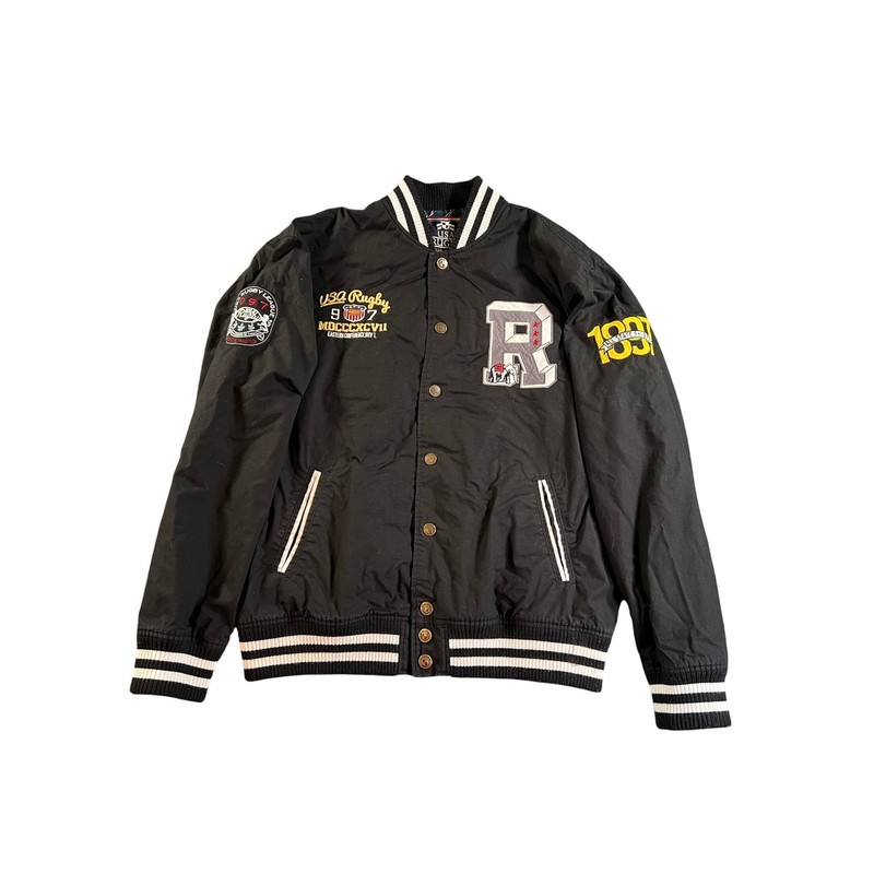 USA Rugby Varsity Bomber Jacket Mens 3XL Black Patchwork Snap Front Collegiate