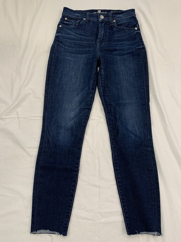 7 For All Mankind High Waist Ankle Slim Fit Stretch Jeans Raw Hem Dark Blue 24