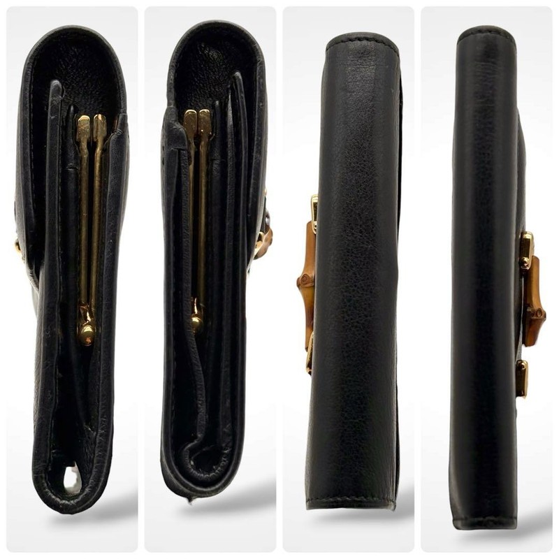 GUCCI Gucci Bamboo Tri Fold Wallet Kiss Lock Leather Genuine Black gallery