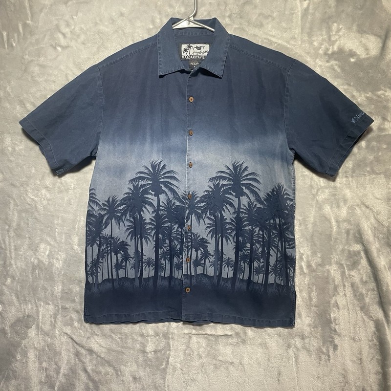 Mens J Buffett Margaritaville Parrot Head Hawaiian Button Down Blue Silk Cotton