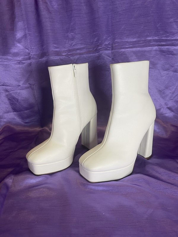 Women’s Leather Platform Gogo Boots Block Heel Square Toe
