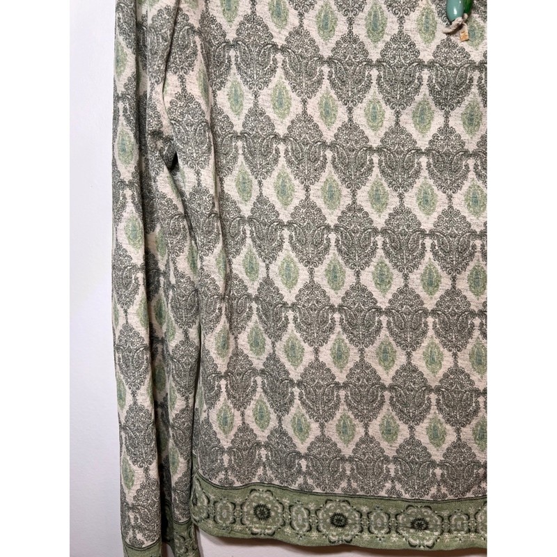 Vintage Y2K Boho Peasant Damask Green Long Sleeve Beaded Tassle Top- Large gallery